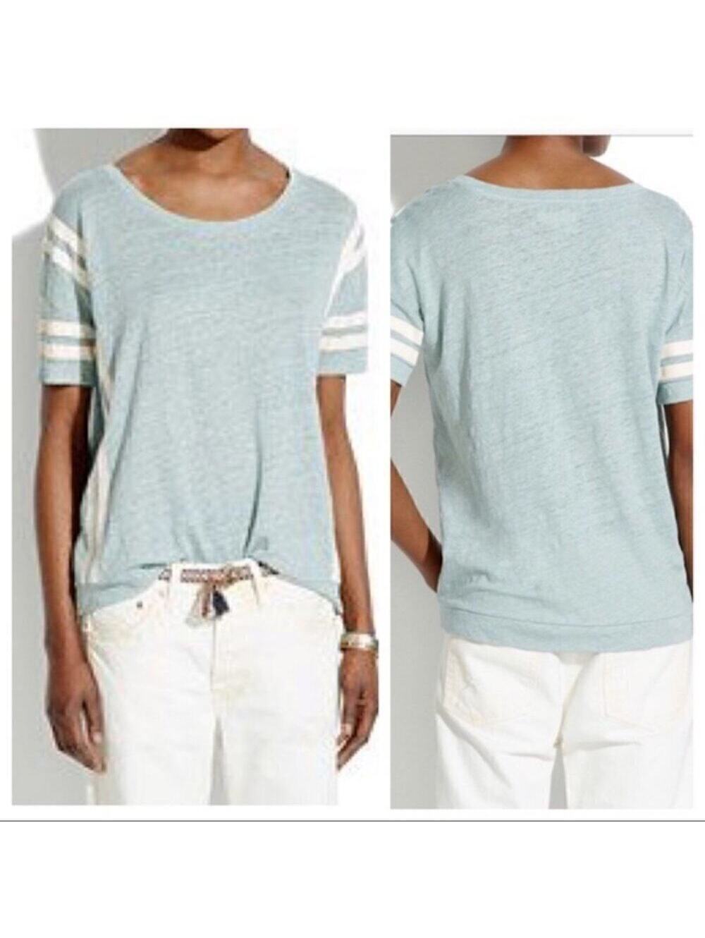 Madewell Varsity Tee in a heather light blue with double white sleeve stripes XS